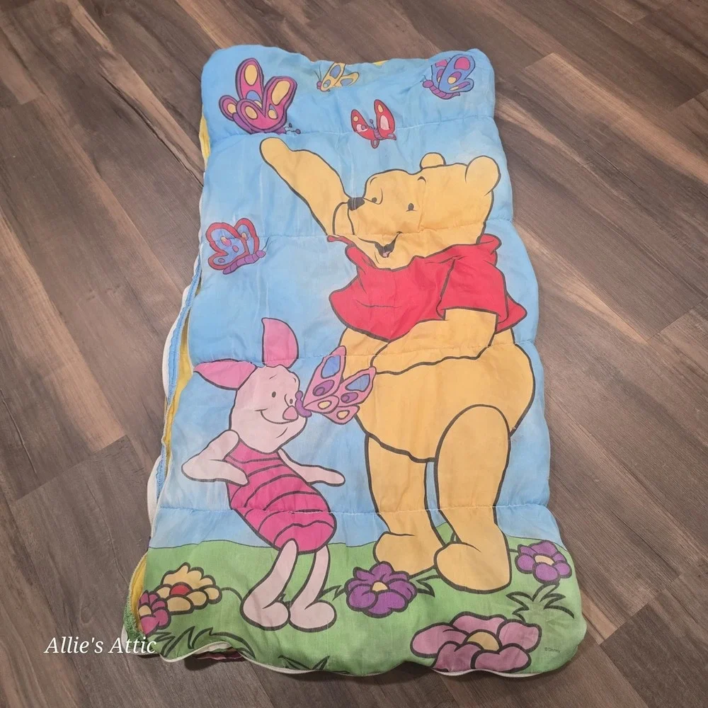 Winnie the Pooh Sleeping Bag Vintage Disney Friends Kids Piglet Blue Butterfly